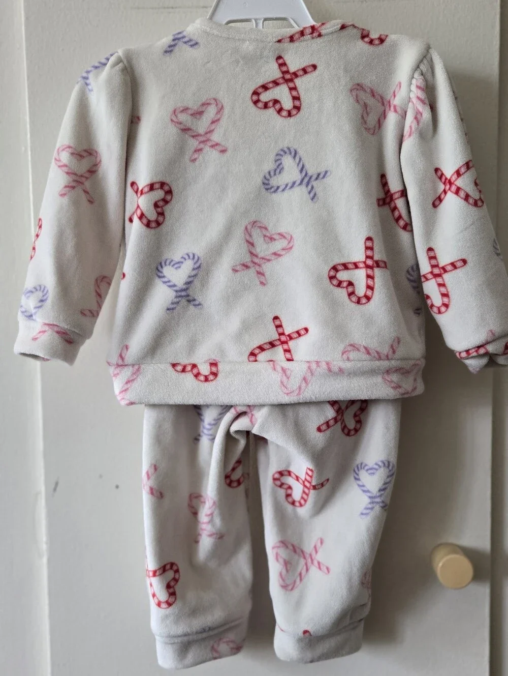okie dokie White Candy Heart Fleece Pajama Set with Pink & Purple Prints